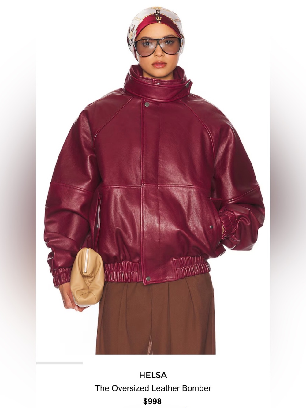 HELSA Oversized Leather Bomber Jacket in Burgundy